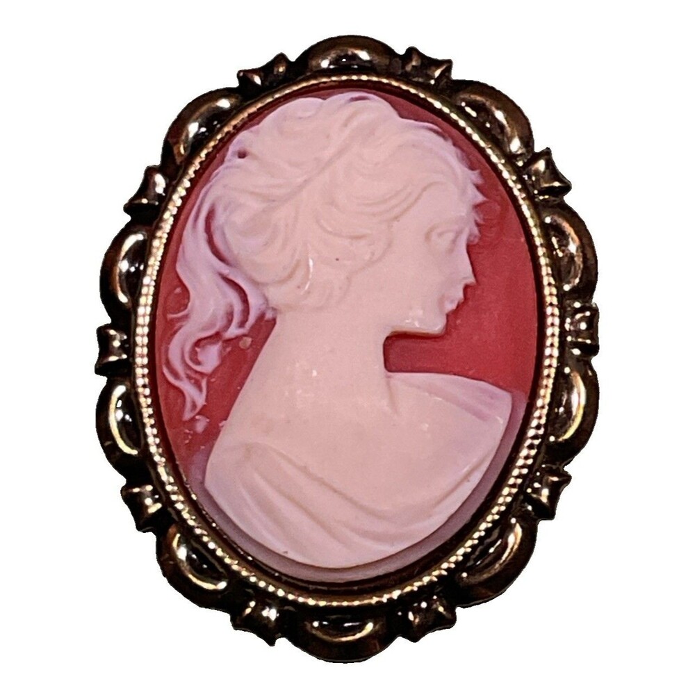 Vintage Oval Cameo Brooch 2” Antiqued Gold Tone Carved Resin Costume Jewelry